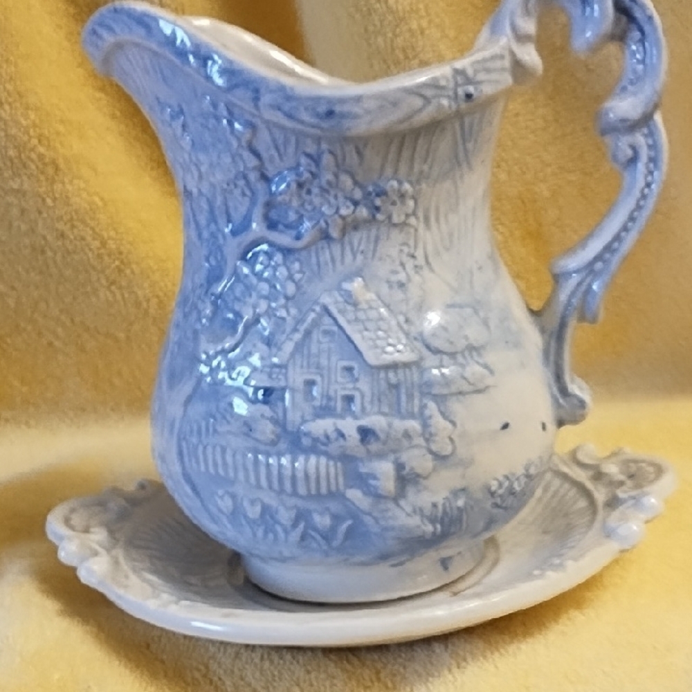 Blue Ceramic Pitcher and Saucer Set